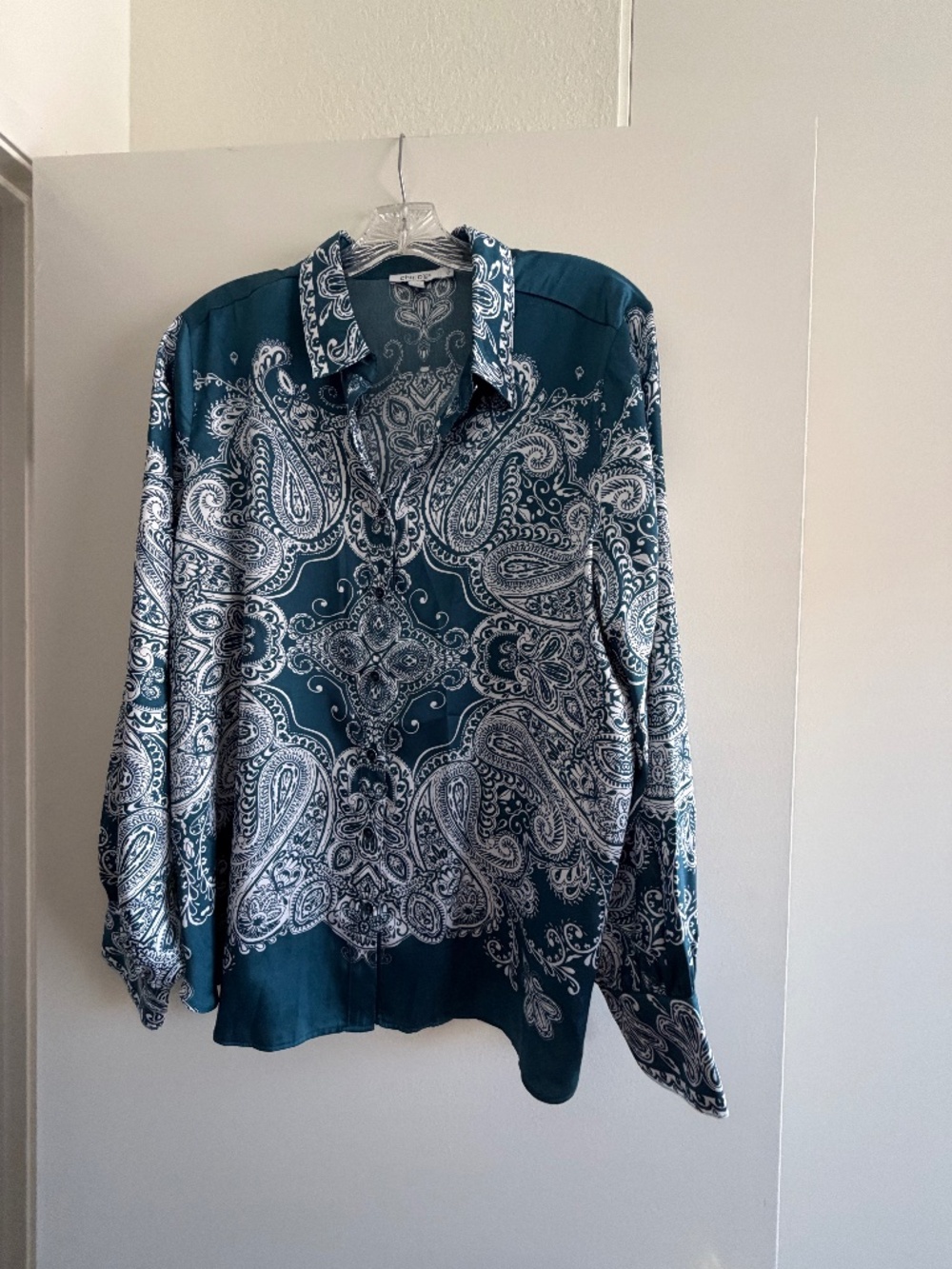 Chico's Button Down Blouse in Teal/White